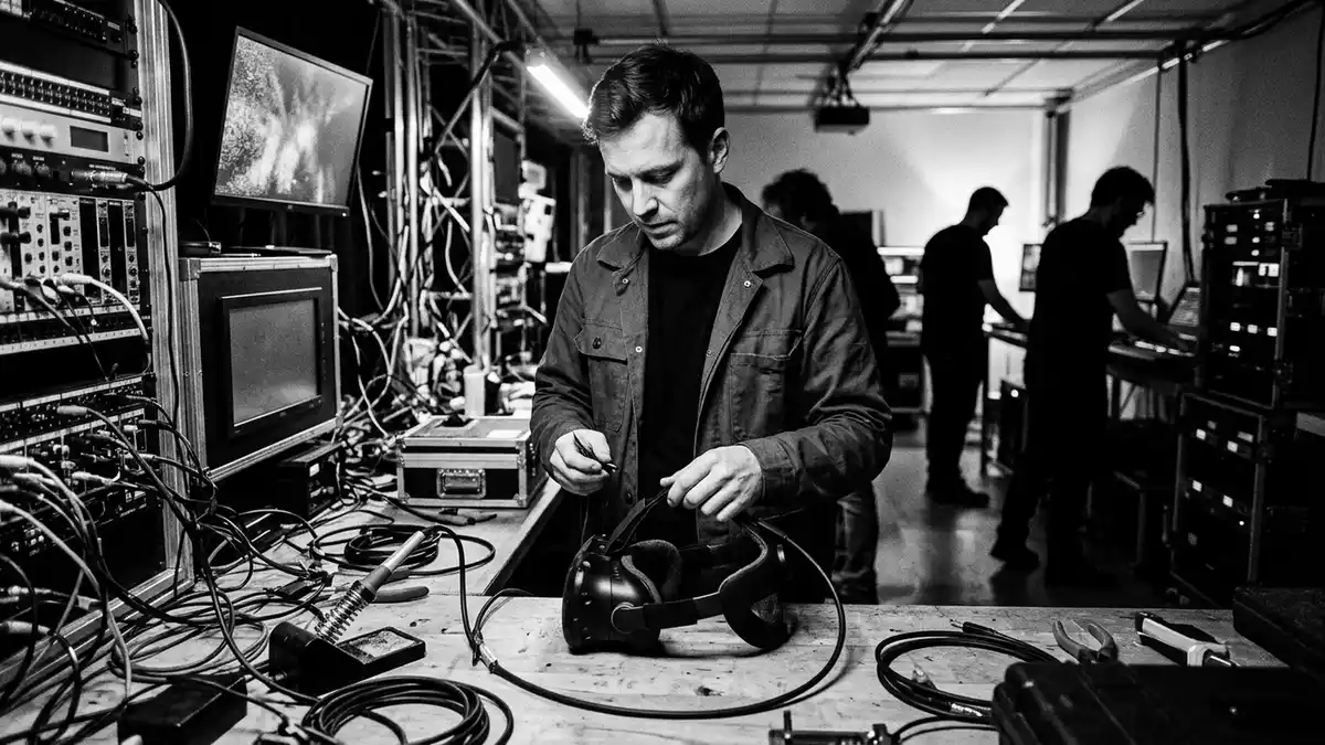 Schwarzweiss-Reportagebild mit VR-Headset in dokumentarischer Arbeitsumgebung, neutral