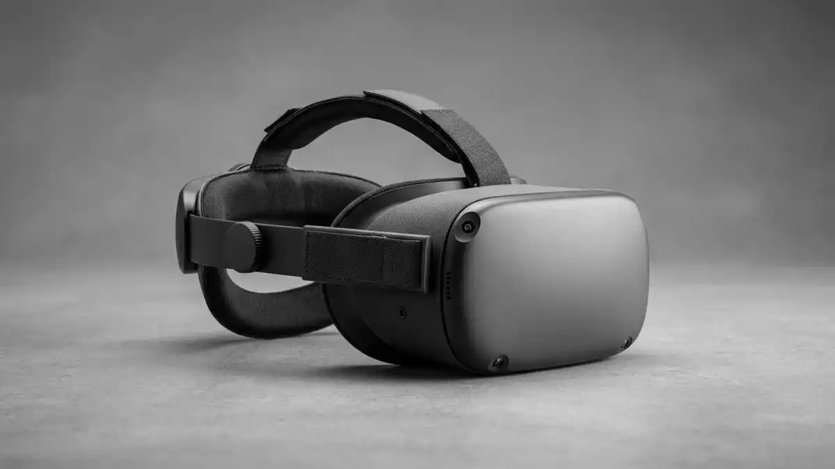 Fotorealistische Studioansicht von VR-Headset in neutraler Produktdarstellung, neutral