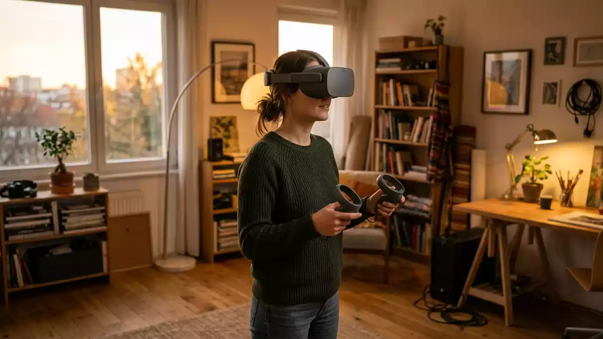 Fotorealistische Ansicht von VR-Headset im Studio in warmem Abendlicht, neutral
