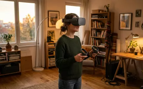 Fotorealistische Aufnahme von VR-Headset im Studio zum Thema Meta Quest 2 128GB, warmes Abendlicht - Foto: THN