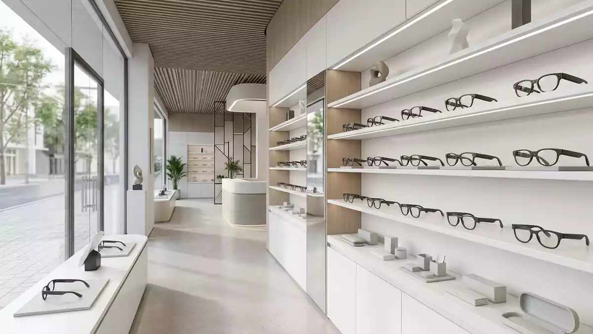 Architektur-Render im Technikgeschaeft mit Kamerabrille im Ausstellungsbereich