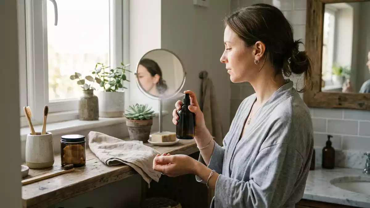 Fotorealistische Ansicht von Eau de Parfum im Badezimmer in realer Umgebung, neutral