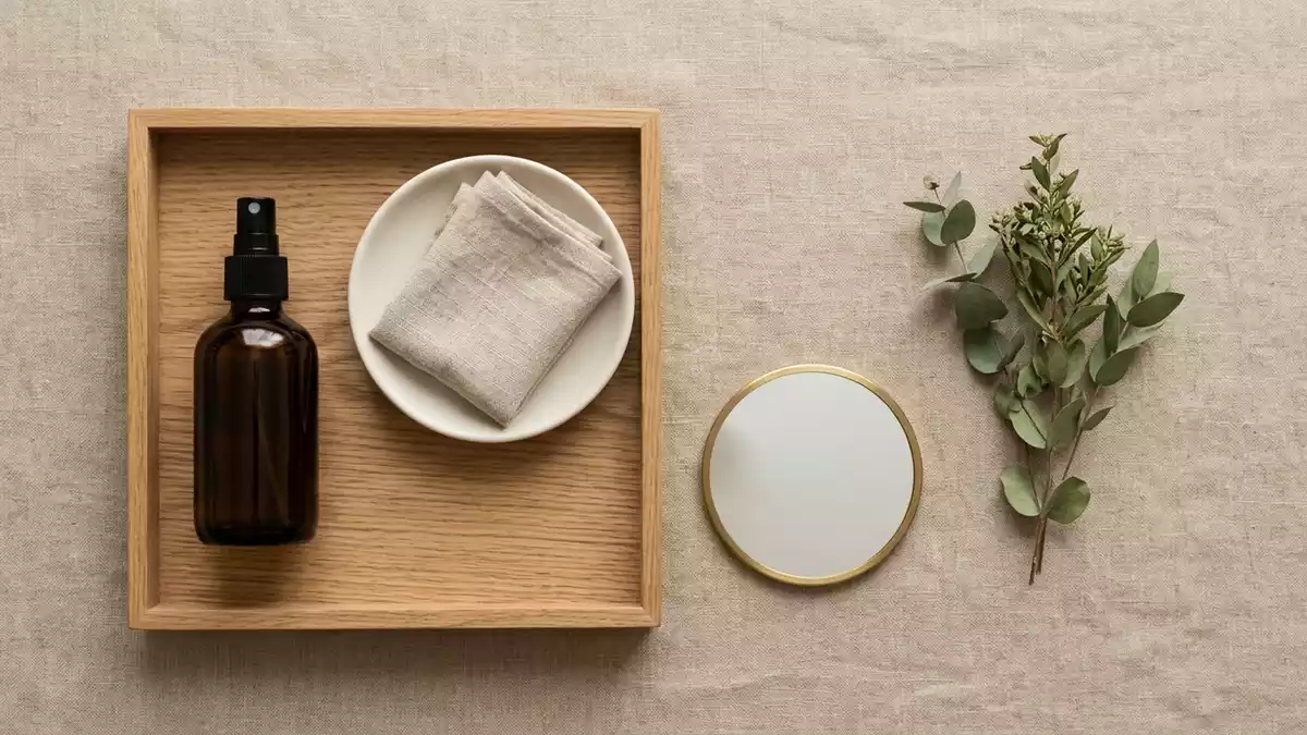 Flatlay-Arrangement rund um Eau de Parfum mit passenden Requisiten von oben, neutral