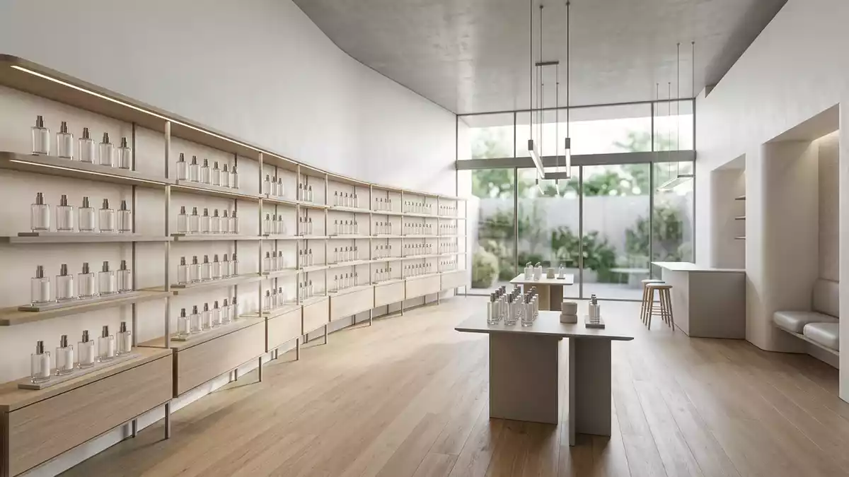 Architektur-Render im Parfuemerie mit Eau de Toilette im Ausstellungsbereich, neutral