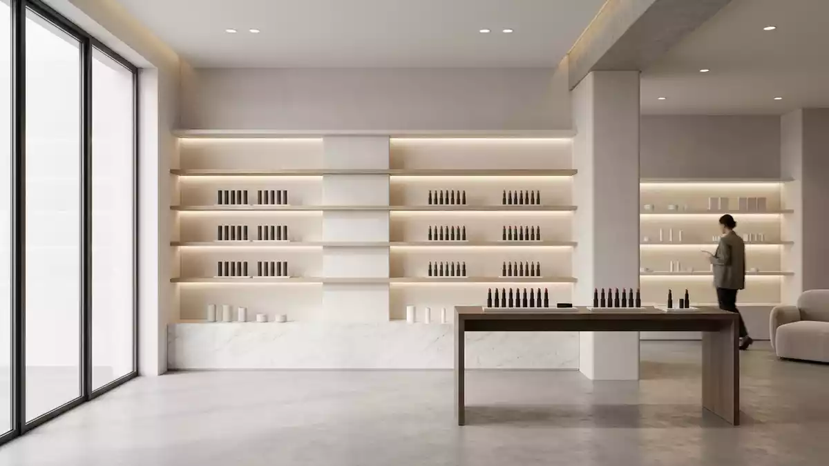 Architektur-Render im Kosmetikgeschaeft mit Lippenstift im Ausstellungsbereich