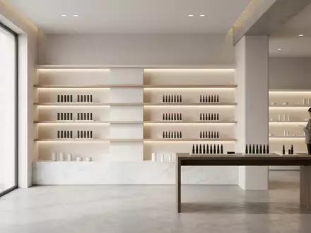 Architektur-Render im Kosmetikgeschaeft mit Lippenstift zum Thema Chanel Rouge Allure Velvet, neutrales Tageslicht - Foto: THN