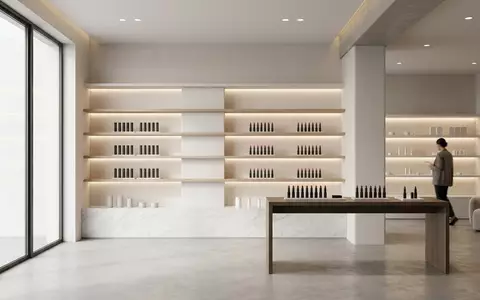 Architektur-Render im Kosmetikgeschaeft mit Lippenstift zum Thema Chanel Rouge Allure Velvet, neutrales Tageslicht - Foto: THN