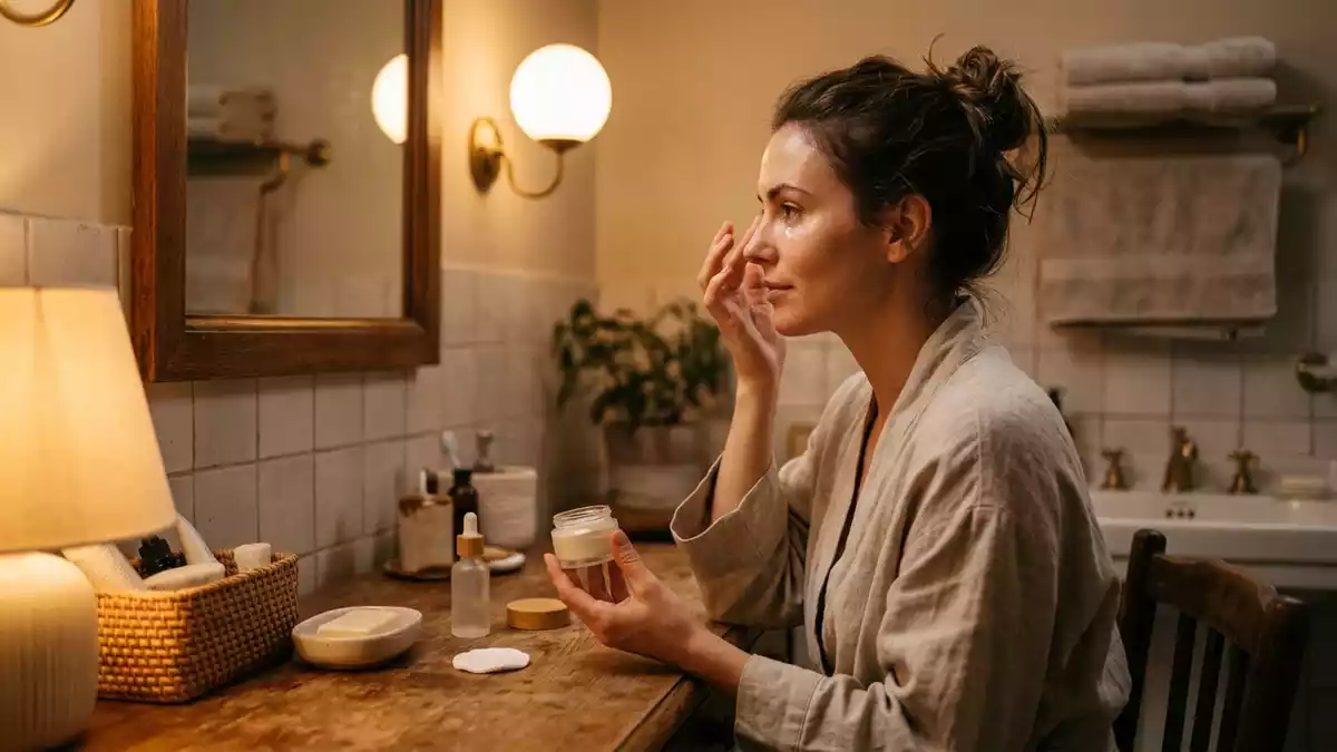 Fotorealistische Ansicht von Augencreme im Badezimmer in warmem Abendlicht, neutral