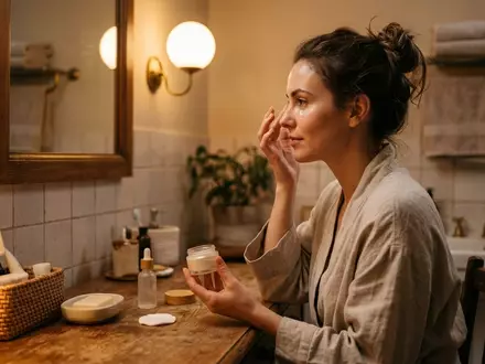 Fotorealistische Aufnahme von Augencreme im Badezimmer zum Thema Chanel Le Lift Creme, warmes Abendlicht - Foto: THN