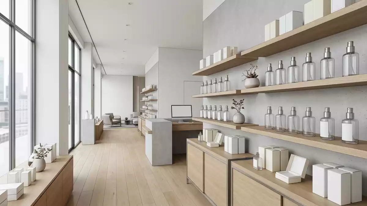 Architektur-Render im Parfuemerie mit Eau de Parfum im Ausstellungsbereich, neutral