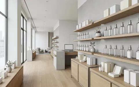 Architektur-Render im Parfuemerie mit Eau de Parfum zum Thema Paco Rabanne Fame EdP, neutrales Tageslicht - Foto: THN