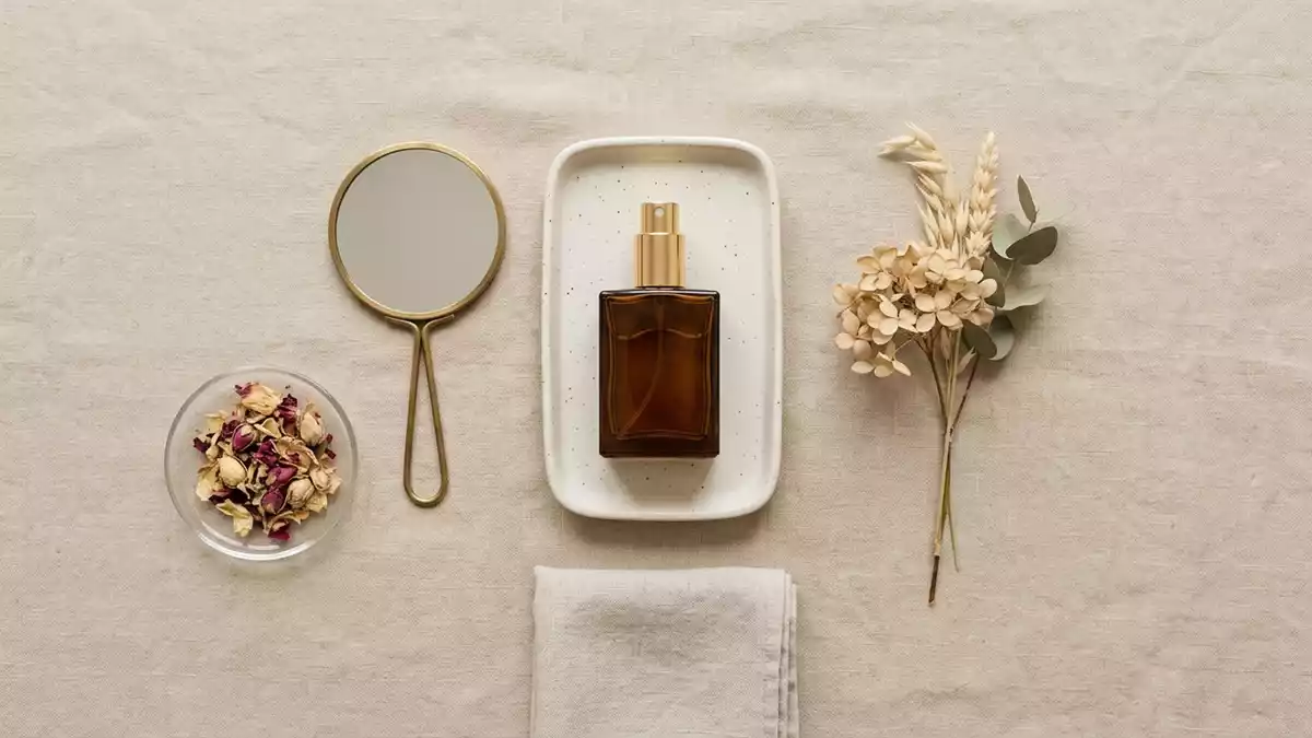 Flatlay-Arrangement rund um Eau de Parfum mit passenden Requisiten von oben, neutral