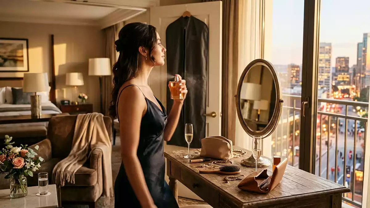 Fotorealistische Ansicht von Eau de Parfum im Hotelzimmer in warmem Abendlicht