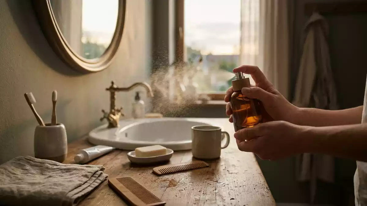 Fotorealistische Ansicht von Eau de Toilette im Badezimmer in realer Umgebung, neutral