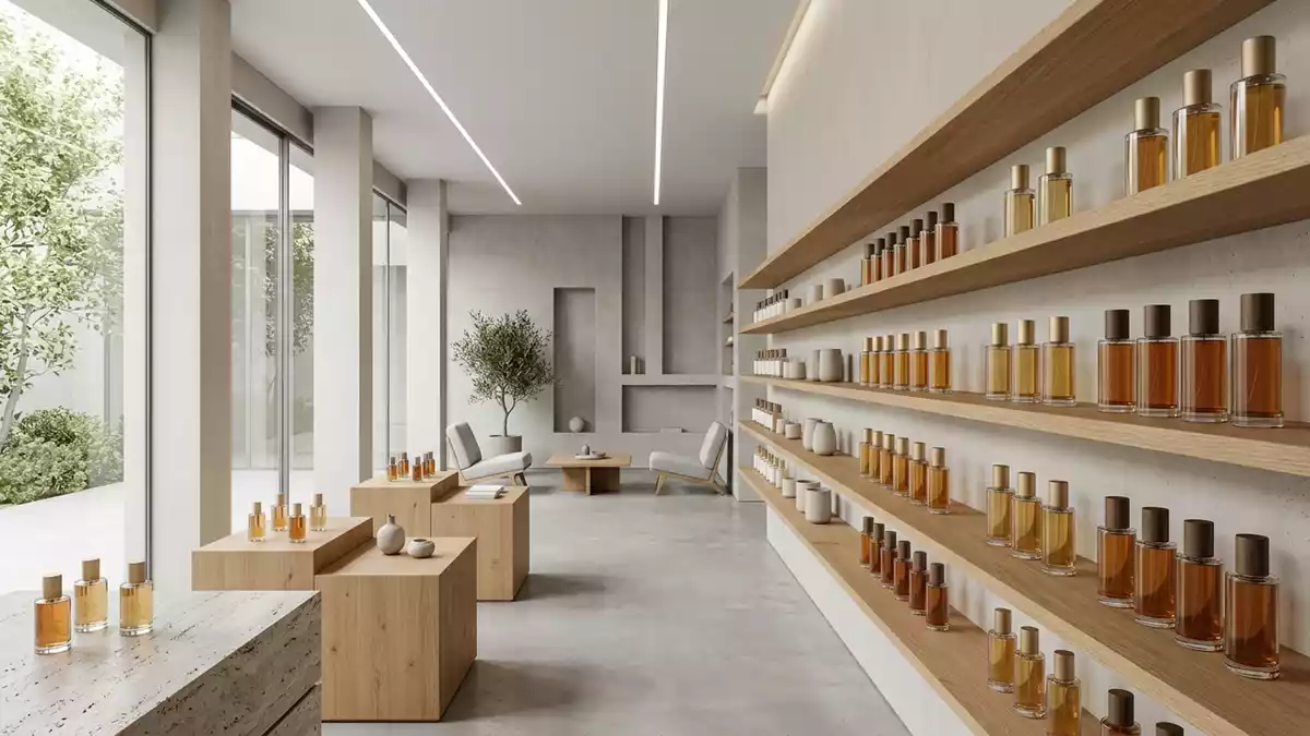 Architektur-Render im Parfuemerie mit Eau de Toilette im Ausstellungsbereich, neutral