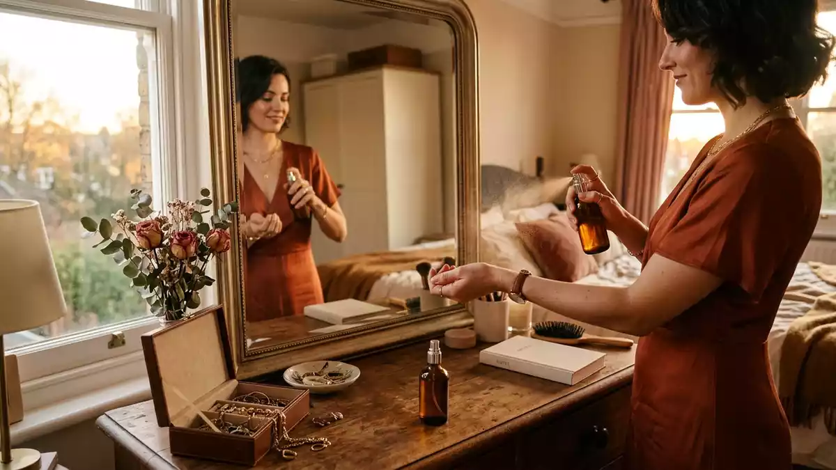 Fotorealistische Ansicht von Eau de Toilette im Schlafzimmer in warmem Abendlicht