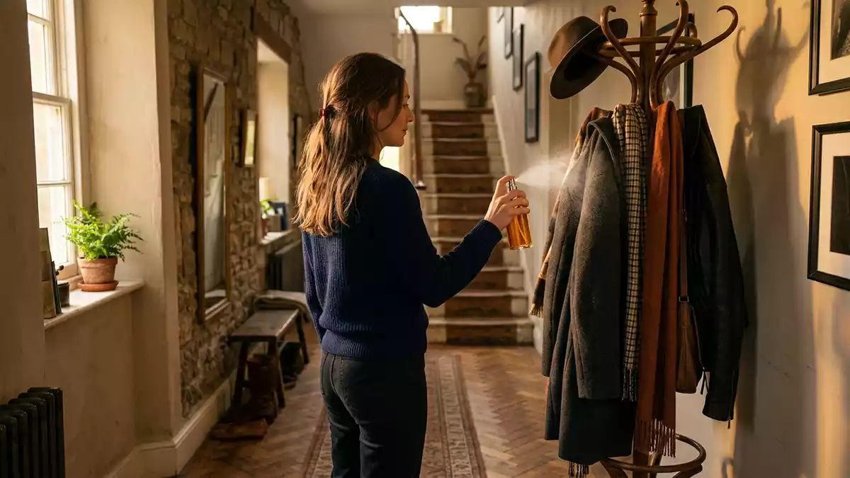 Fotorealistische Ansicht von Eau de Toilette an der Garderobe in warmem Abendlicht