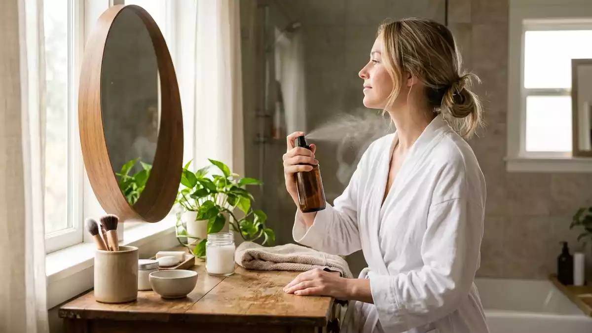 Fotorealistische Ansicht von Eau de Parfum am Schminktisch in realer Umgebung, neutral