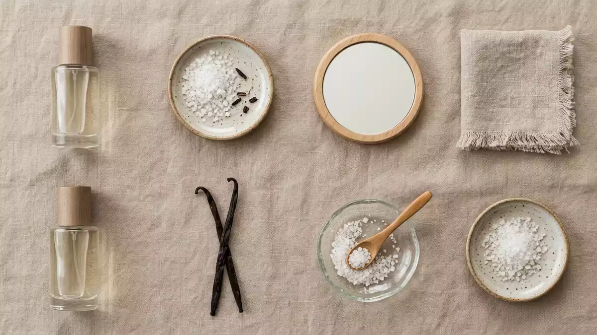 Flatlay-Arrangement rund um Eau de Parfum mit passenden Requisiten von oben, neutral