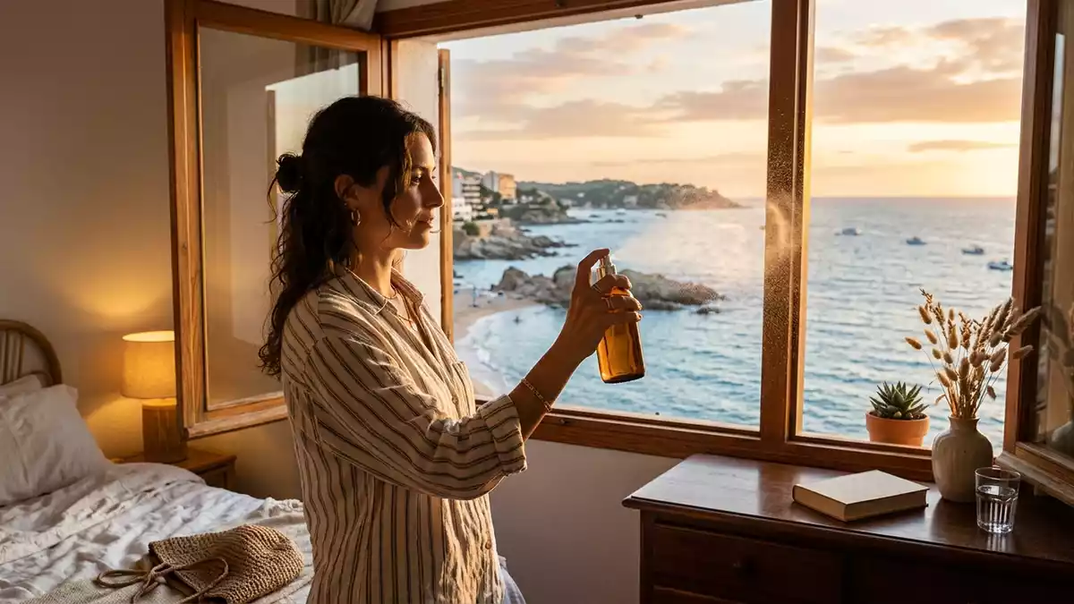 Fotorealistische Ansicht von Eau de Parfum im Hotelzimmer in warmem Abendlicht