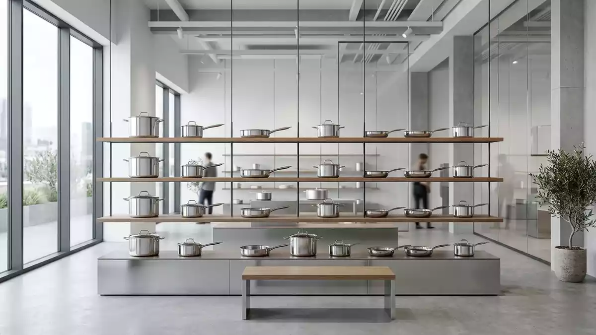 Architektur-Render im Kochgeschirrgeschaeft mit Kochgeschirrset im Ausstellungsbereich