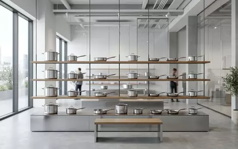 Architektur-Render im Kochgeschirrgeschaeft mit Kochgeschirrset zum Thema WMF Profi Plus Topfset, neutrales Tageslicht - Foto: THN