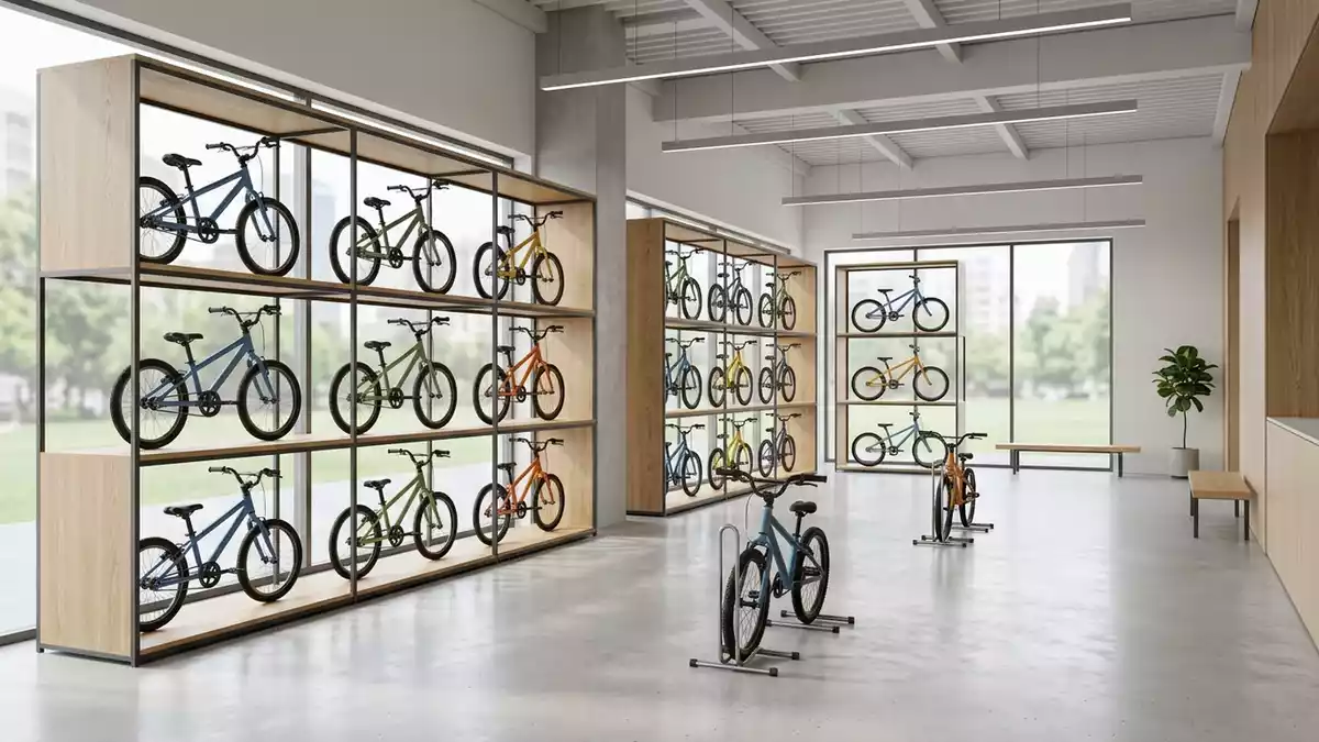 Architektur-Render im Fahrradgeschaeft mit Kinderfahrrad im Ausstellungsbereich