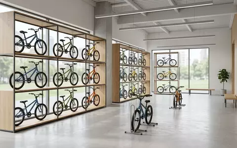 Architektur-Render im Fahrradgeschaeft mit Kinderfahrrad zum Thema woom 4 Kinderfahrrad 20, neutrales Tageslicht - Foto: THN