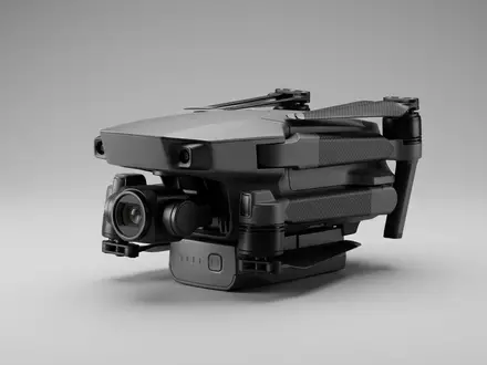 Fotorealistische Studioaufnahme von Kameradrohne zum Thema DJI Air 3 Fly, klare Lichtfuehrung - Foto: THN