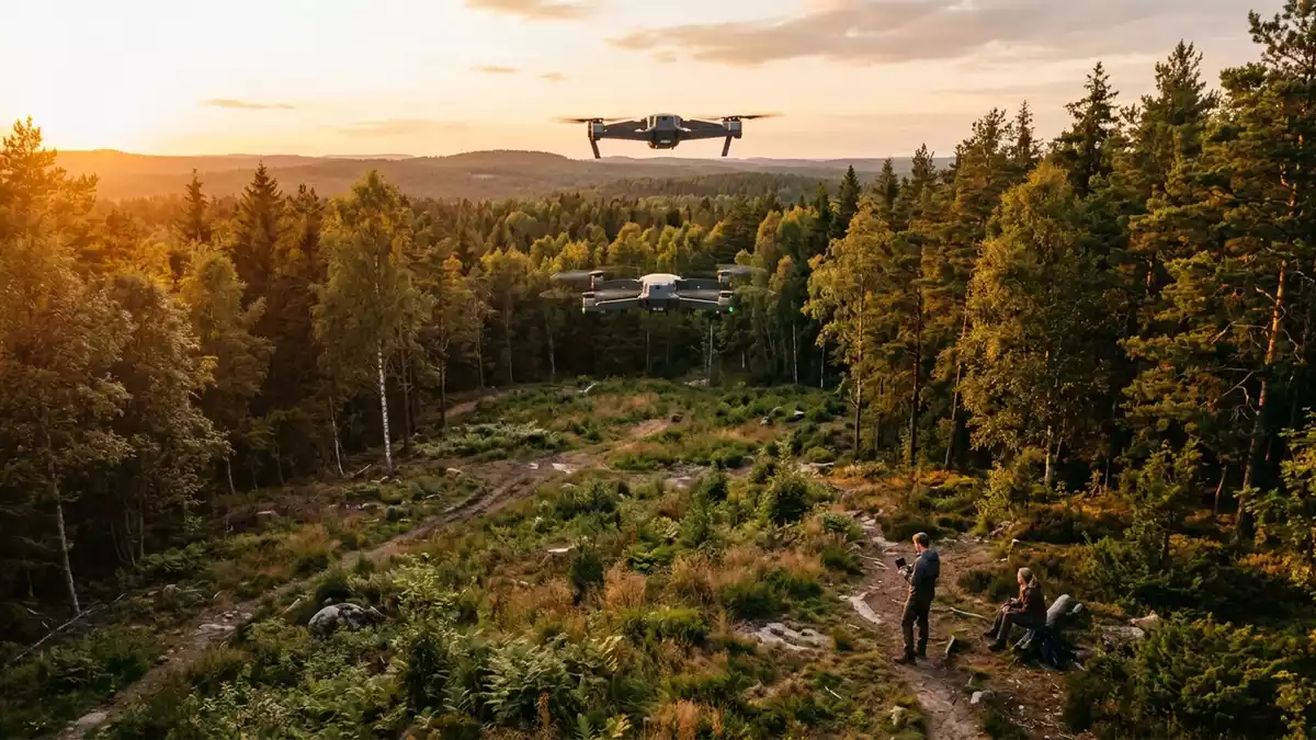 Fotorealistische Ansicht von Kameradrohne ueber dem Wald in warmem Abendlicht, neutral