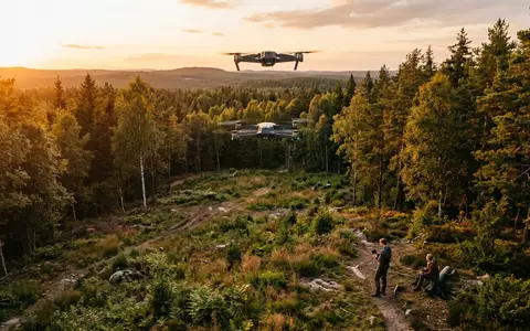 Fotorealistische Aufnahme von Kameradrohne ueber dem Wald zum Thema DJI Air 3 Fly, warmes Abendlicht - Foto: THN