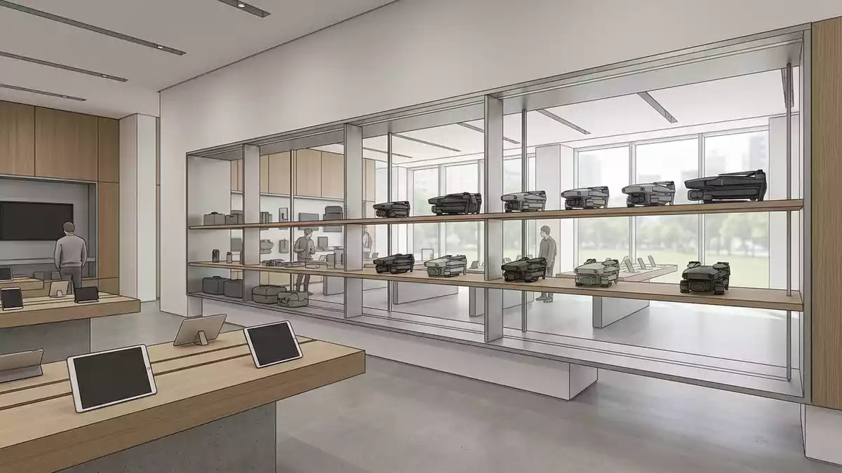 Architektur-Render im Elektronikgeschaeft mit Kameradrohne im Ausstellungsbereich