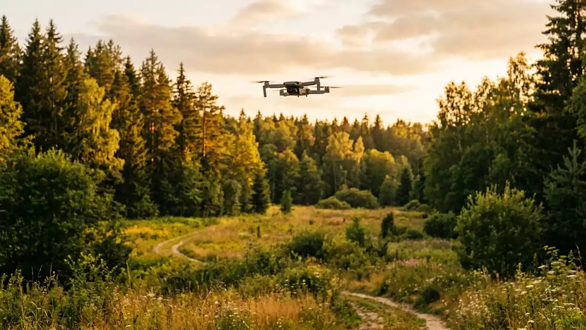 Fotorealistische Ansicht von Kameradrohne ueber dem Wald in warmem Abendlicht, neutral