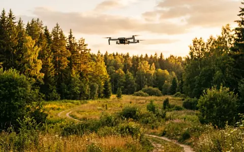 Fotorealistische Aufnahme von Kameradrohne ueber dem Wald zum Thema DJI Air 3S, warmes Abendlicht - Foto: THN