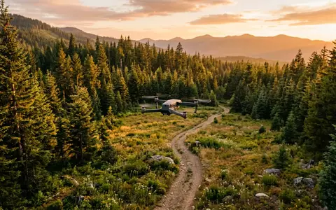 Fotorealistische Aufnahme von Kameradrohne ueber dem Wald zum Thema DJI Mini 5 Pro, warmes Abendlicht - Foto: THN