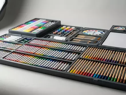 Fotorealistische Studioaufnahme von Malset zum Thema BIC Kids Kreativset Zeichnen, klare Lichtfuehrung - Foto: THN