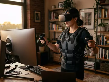 Fotorealistische Aufnahme von Taktile Feedbackweste beim Training zum Thema bHaptics TactSuit X40 Haptic, warmes Abendlicht - Foto: THN