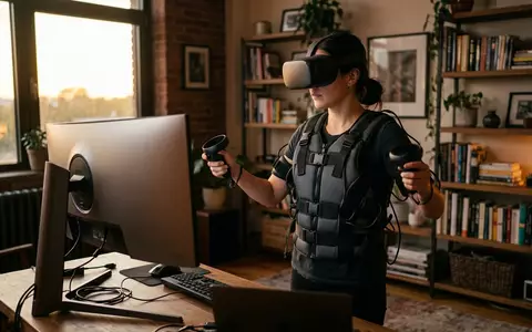 Fotorealistische Aufnahme von Taktile Feedbackweste beim Training zum Thema bHaptics TactSuit X40 Haptic, warmes Abendlicht - Foto: THN
