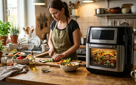 Fotorealistische Aufnahme von Heissluftfritteuse in der Kueche zum Thema Klarstein Pasadena Airfryer 11L, natuerliches Licht - Foto: THN