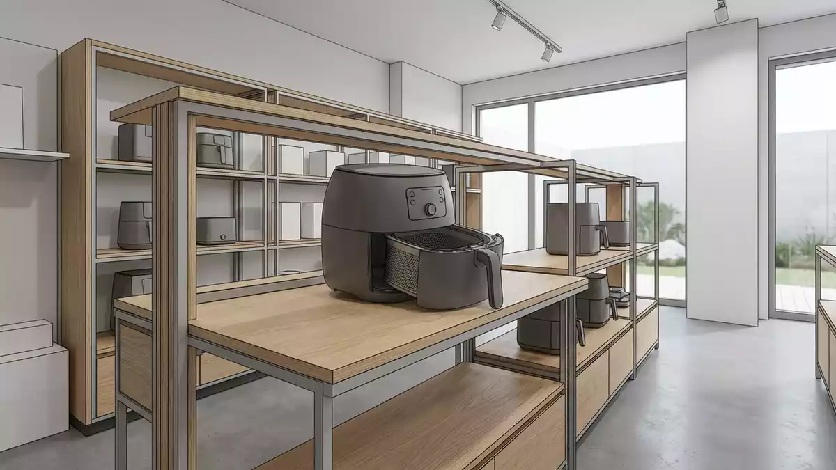 Architektur-Render im Kuechengeraetefachgeschaeft mit Heissluftfritteuse