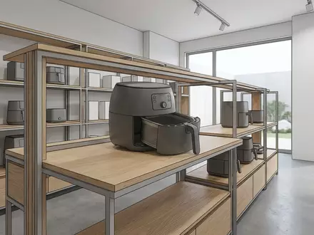Architektur-Render im Kuechengeraetefachgeschaeft mit Heissluftfritteuse zum Thema Klarstein Pasadena Airfryer 11L, neutrales Tageslicht - Foto: THN