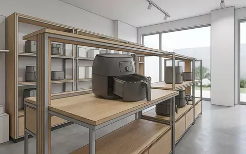 Architektur-Render im Kuechengeraetefachgeschaeft mit Heissluftfritteuse zum Thema Klarstein Pasadena Airfryer 11L, neutrales Tageslicht - Foto: THN