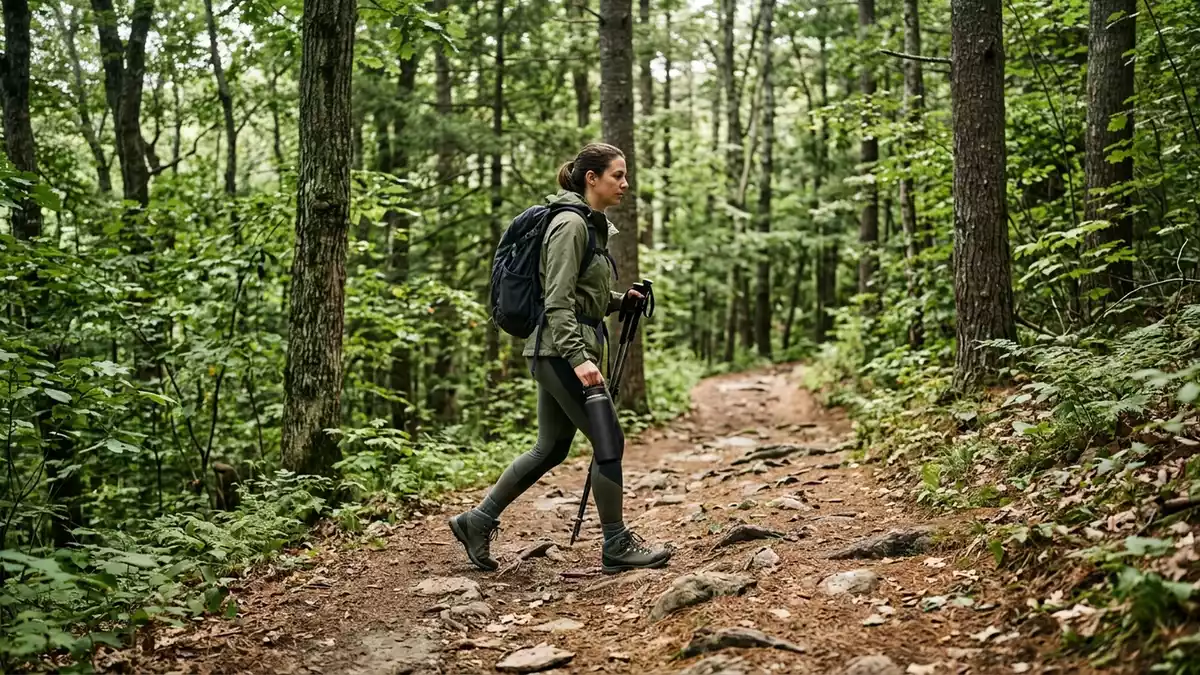 Fotorealistische Ansicht von Edelstahl-Trinkflasche beim Wandern in realer Umgebung