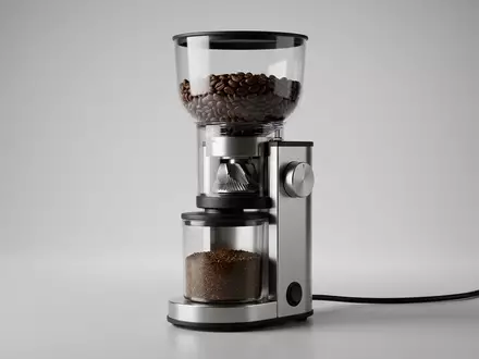 Fotorealistische Studioaufnahme von Kaffeemuehle zum Thema KitchenAid 5KCG8433 Kaffeemühle, klare Lichtfuehrung, sachlich dargestellt - Foto: THN