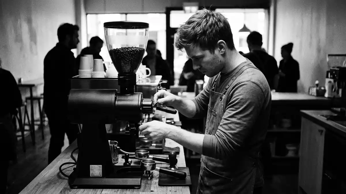 Schwarzweiss-Reportagebild mit Kaffeemuehle in dokumentarischer Arbeitsumgebung
