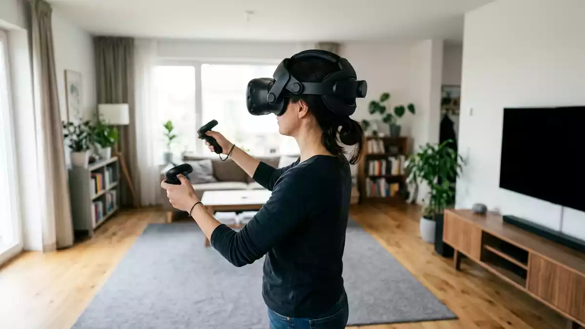 Fotorealistische Ansicht von VR-Kopfband im Wohnzimmer in realer Umgebung, neutral