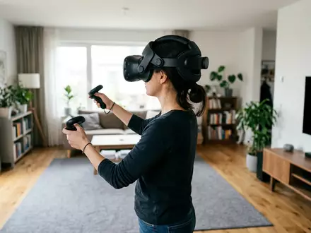 Fotorealistische Aufnahme von VR-Kopfband im Wohnzimmer zum Thema Kiwi Design Comfort Head, natuerliches Licht - Foto: THN