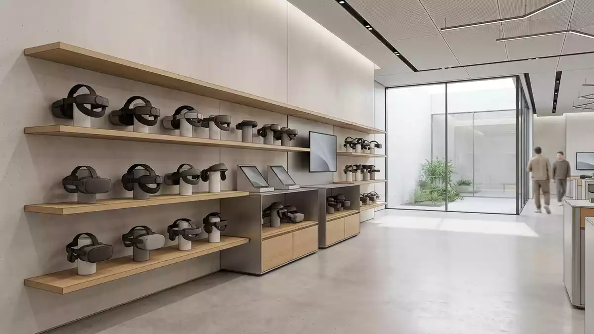 Architektur-Render im VR-Elektronikgeschaeft mit VR-Kopfband im Ausstellungsbereich