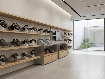 Architektur-Render im VR-Elektronikgeschaeft mit VR-Kopfband zum Thema Kiwi Design Comfort Head, neutrales Tageslicht - Foto: THN