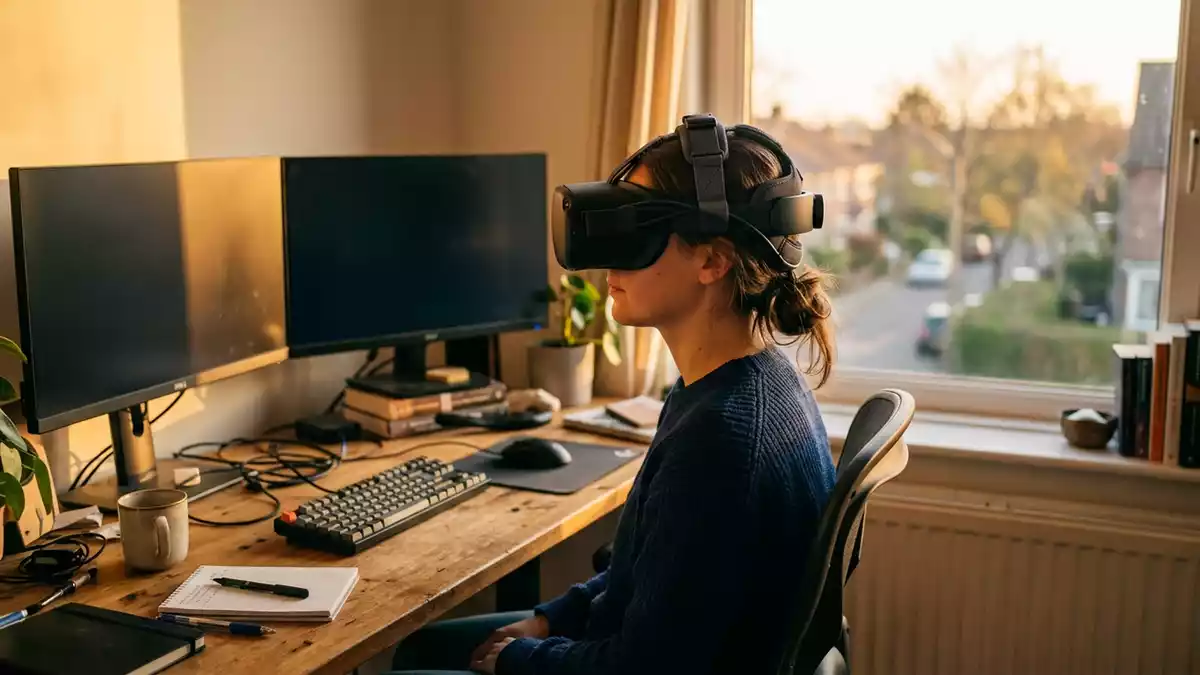 Fotorealistische Ansicht von VR-Kopfband am Schreibtisch in warmem Abendlicht, neutral